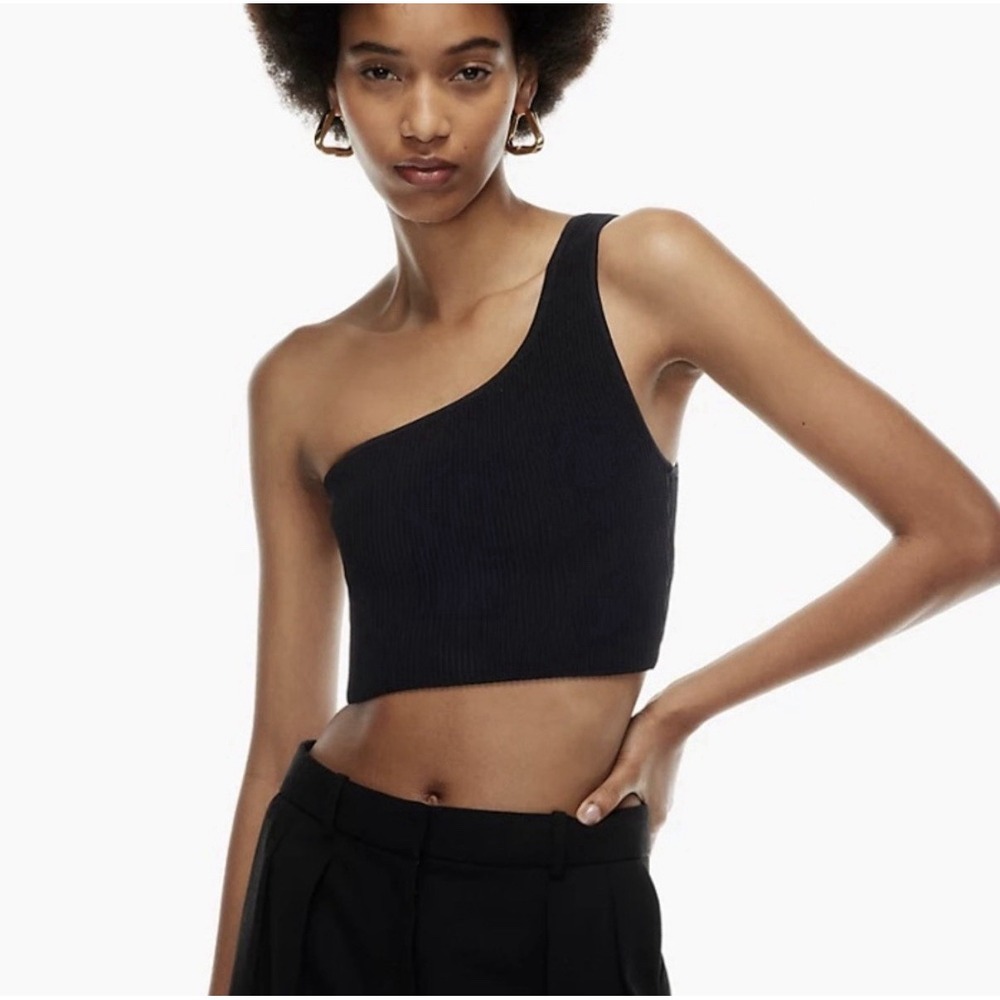 Aritzia Babaton Black Sculpt Knit Ribbed One Shoulder Cropped Crop Top in Small